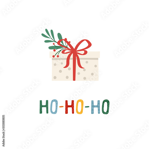 Stylish gift box with ribbon on Christmas post card