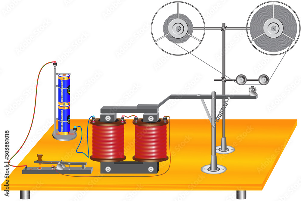 The principle of operation of an electromechanical telegraph in which there is an electromagnet, a telegraph key, a battery which is a current source. The principle of operation of an electromechanical telegraph in which there is an electromagnet, a telegraph key, a battery which is a current source.
