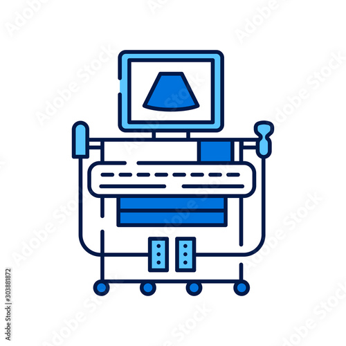 Digital ultrasonic diagnostic system line color icon. Examination of the abdominal cavity concept.