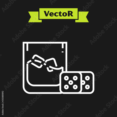 White line Game dice and glass of whiskey with ice cubes icon isolated on black background. Casino gambling. Vector Illustration