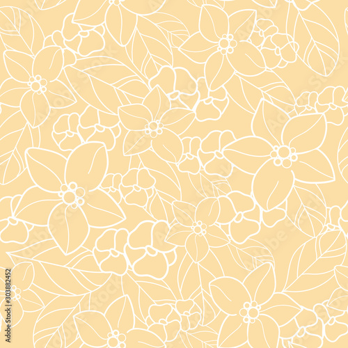 Vector orange blossom seamless pattern with white flowers, yellow background. Perfect for fabric, scrapbooking, wallpaper projects.