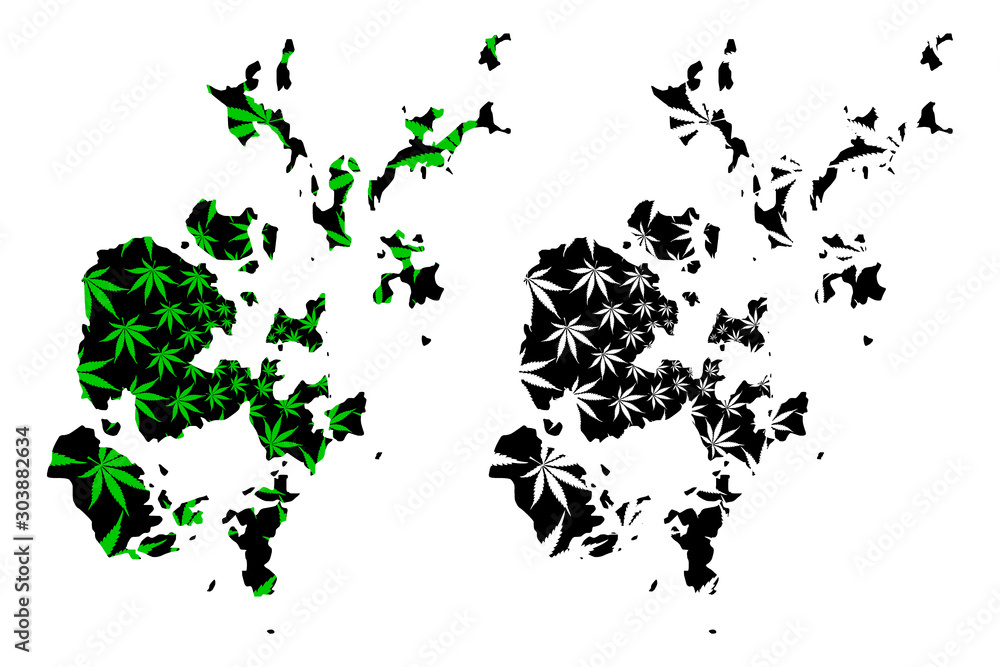 Obraz premium Orkney Islands (United Kingdom, Scotland, Local government in Scotland) map is designed cannabis leaf green and black, Orkney (Northern Isles) map made of marijuana (marihuana,THC) foliage....