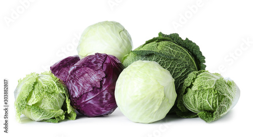 Different types of cabbage isolated on white