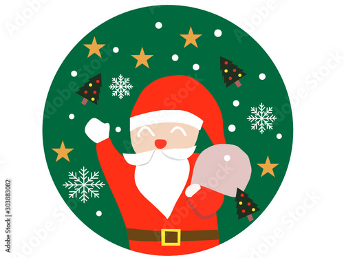 Cute Santa claus is green circle decorated with star chrismas tree snowflake can be use as printed object or sticker 
