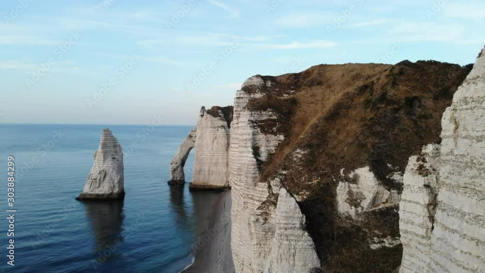View from drone of the coastline and chalk cliffs of Etretat, France View from drone of the coastline and chalk cliffs of Etretat, France