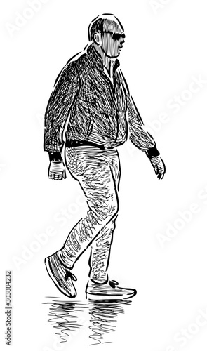 Sketch of casual bald man in sunglasses striding along street