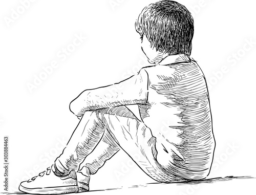 Sketch of little boy sitting in thought on park lawn