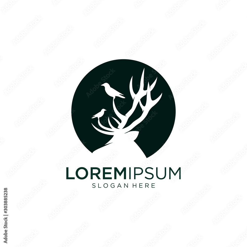 silhouette of deer antlers and birds - logo design