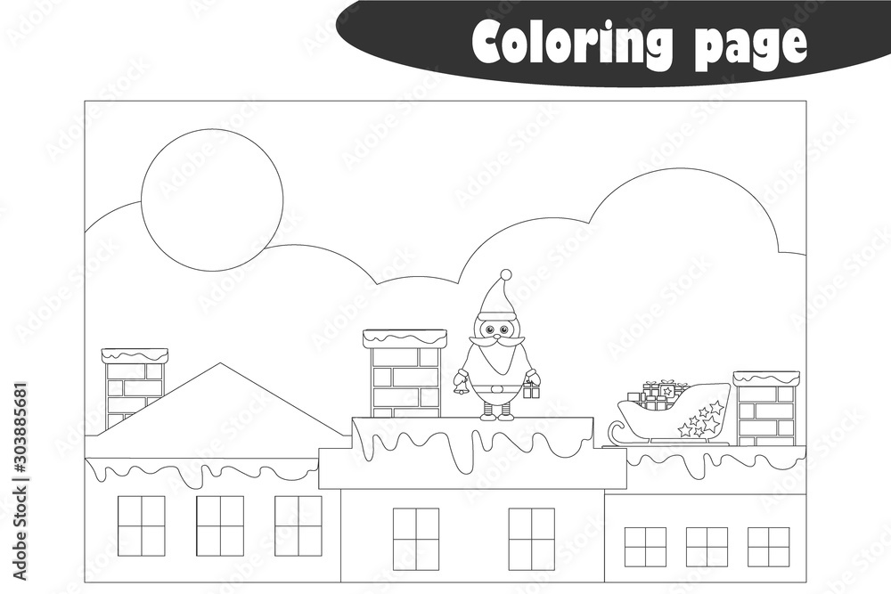 Santa Claus on the roof in cartoon style, coloring page, christmas education paper game for the development of children, kids preschool activity, printable worksheet, vector illustration