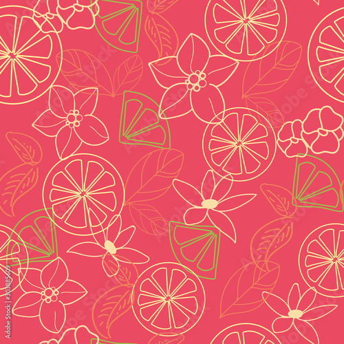 Vector orange blossom seamless pattern with yellow flowers, leaves, green slices of orange, seamless repeat pattern