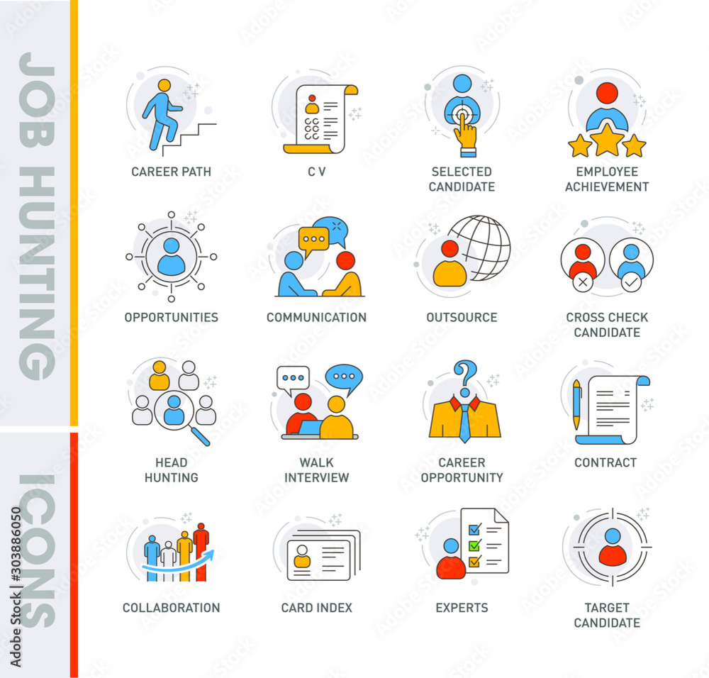 Flat line design style of job hunting icon set. Vector stock illustration. Flat line design style of job hunting icon set. Vector stock illustration.