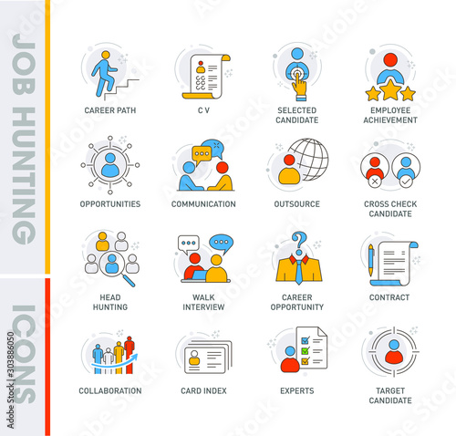 Flat line design style of job hunting icon set. Vector stock illustration.