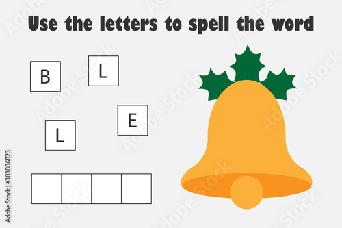 Use the letters to spell the word, christmas bell in cartoon style, xmas educational spelling scramble game for the development of children, kids preschool activity, printable worksheet, illustration