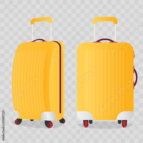 Yellow suitcase for travel vector. Suitcase straight view, side view. Suitcase on a transparent background.