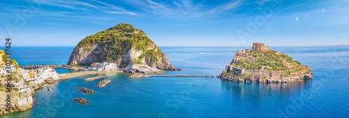 Panoramic collage with famous attractions of Ischia Island in Italy: Aragonese Castle, green mountain near fishing village Sant'Angelo and clear azure sea. photo