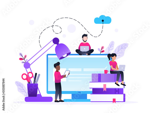 Landing page template of Online education program. Modern flat design concept of web page. Vector illustration with pile of books and small multiracial people.