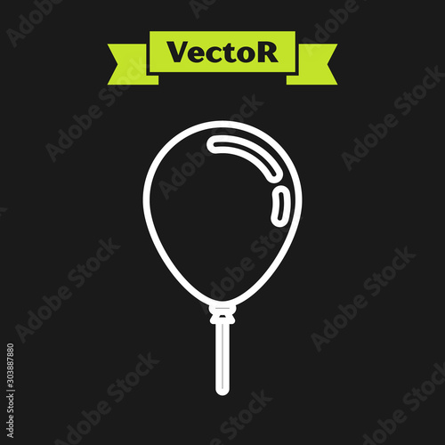 White line Balloon with ribbon icon isolated on black background. Vector Illustration
