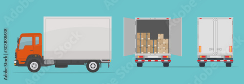 Delivery truck isolated on blue background. Side and  back view. Transport services, logistics and freight of goods. Flat style, vector illustration.  photo