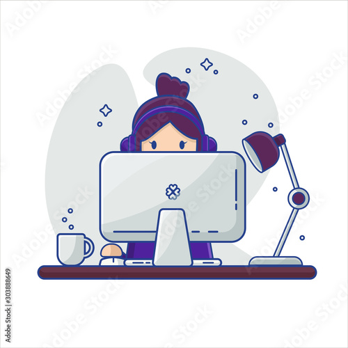 Vector flat illustration with cartoon support woman. Woman in headphones works in an office behind a computer. A worker has a lamp and a mug of coffee on the table.