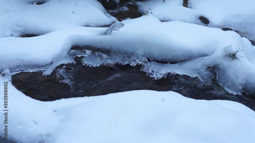 stream in the snow creating ice formations in its path. stream in the snow creating ice formations in its path.