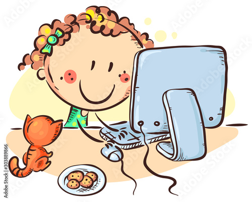 Cartoon girl at the computer, hand drawn vector illustration