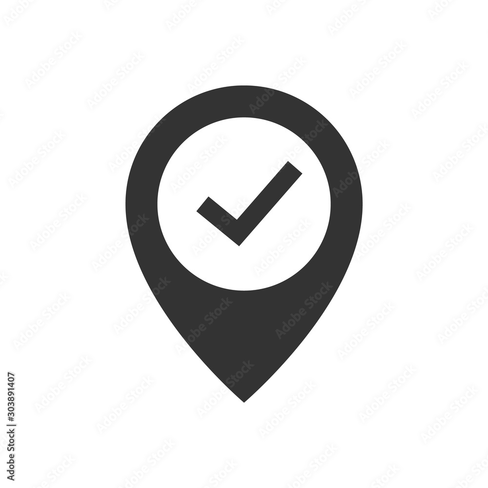Location pin with check mark black icon on white background Location pin with check mark black icon on white background
