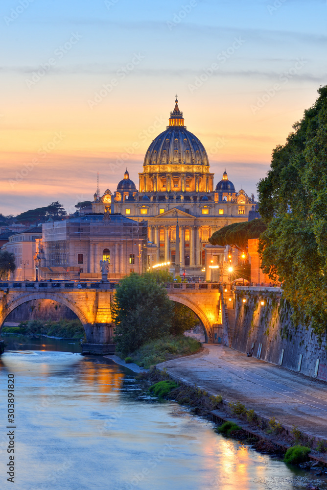 Wonderful view of St Peter Cathedral, Rome, Italy. Sunset light.