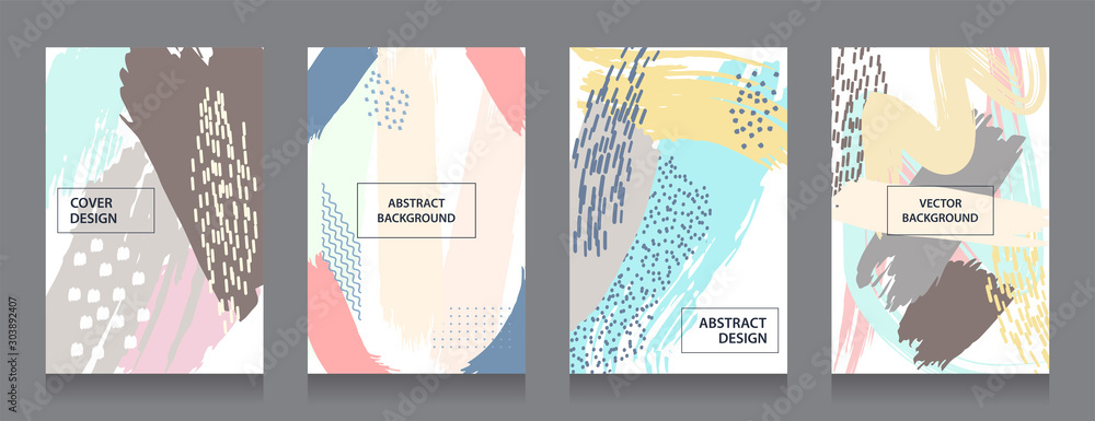 Covers templates. Trendy 80s-90s pop art style. Memphis pattern. Hipster style flat geometric design elements for voucher, placard, brochure, poster, cover and banners. Pastel color. Color ink brush