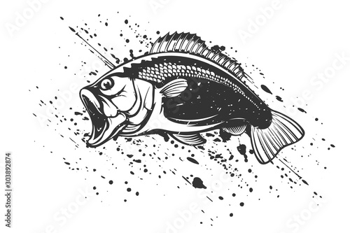 Fishing logo. Bass fish with rod club emblem. Fishing theme illustration. Isolated on white.