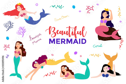 Beautiful mermaid bundle vector illustration