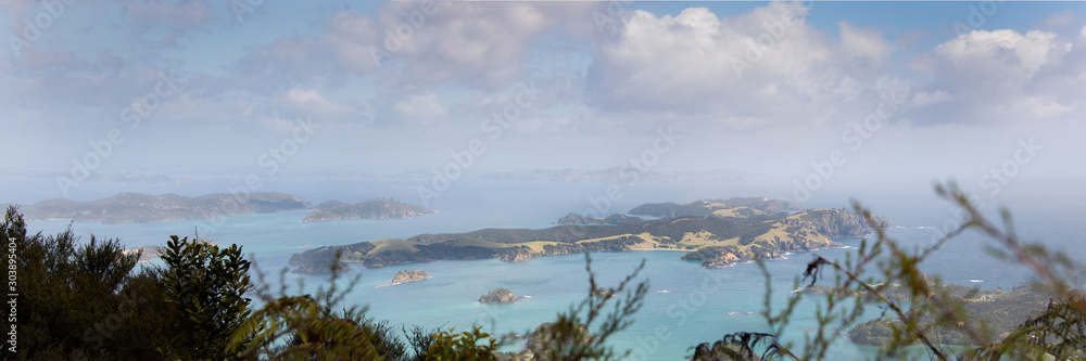 Panoramic view from the top of Pukehuia 345m on Cape Brett walkway, Russell, Bay of Island