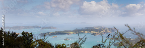 Panoramic view from the top of Pukehuia 345m on Cape Brett walkway, Russell, Bay of Island