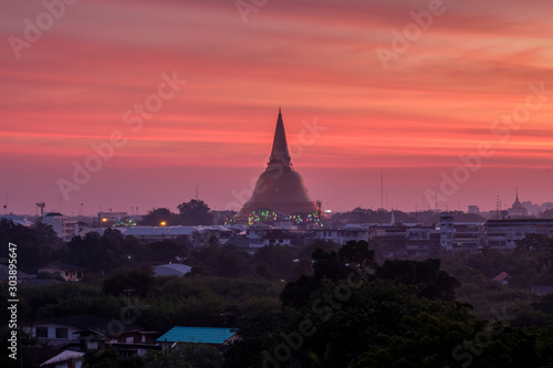 The sacred pagoda of Nakhon Pathom, Thailand at sunrise