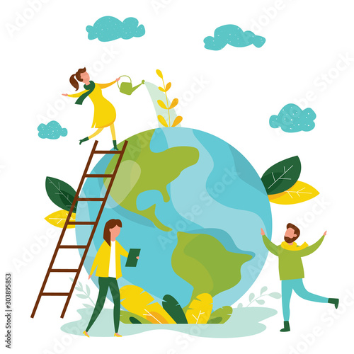 Ecology concept. People take care about planet ecology. Protect nature and ecology banner. Earth day. Globe with trees, plants and volunteer people. Vector illustration