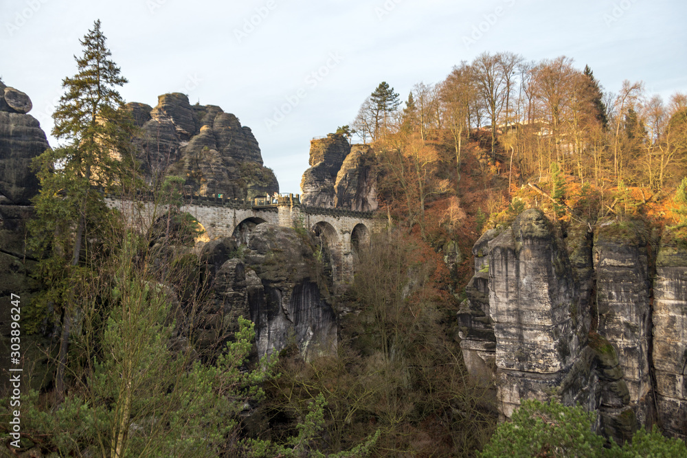 Panorama of Bastei rock formations, the bridge Bastei, Saxon Switzerland National park, Germany