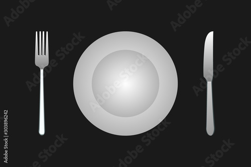 Fork with knife and plate silhouette on the table. Empty copy space in the middle