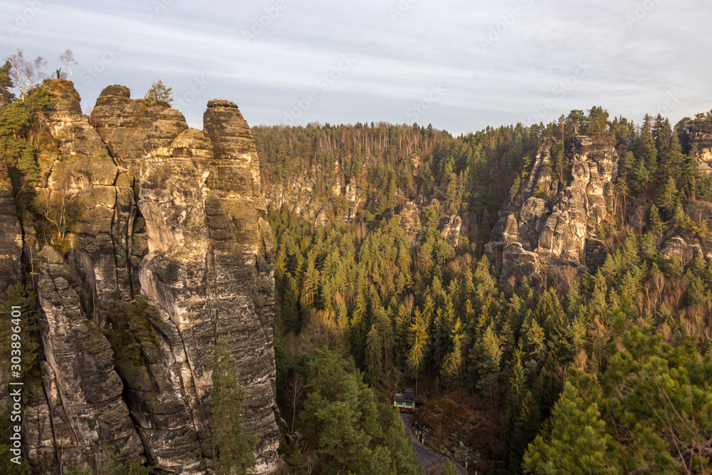 Panorama of Bastei rock formations, the bridge Bastei, Saxon Switzerland National park, Germany Panorama of Bastei rock formations, the bridge Bastei, Saxon Switzerland National park, Germany