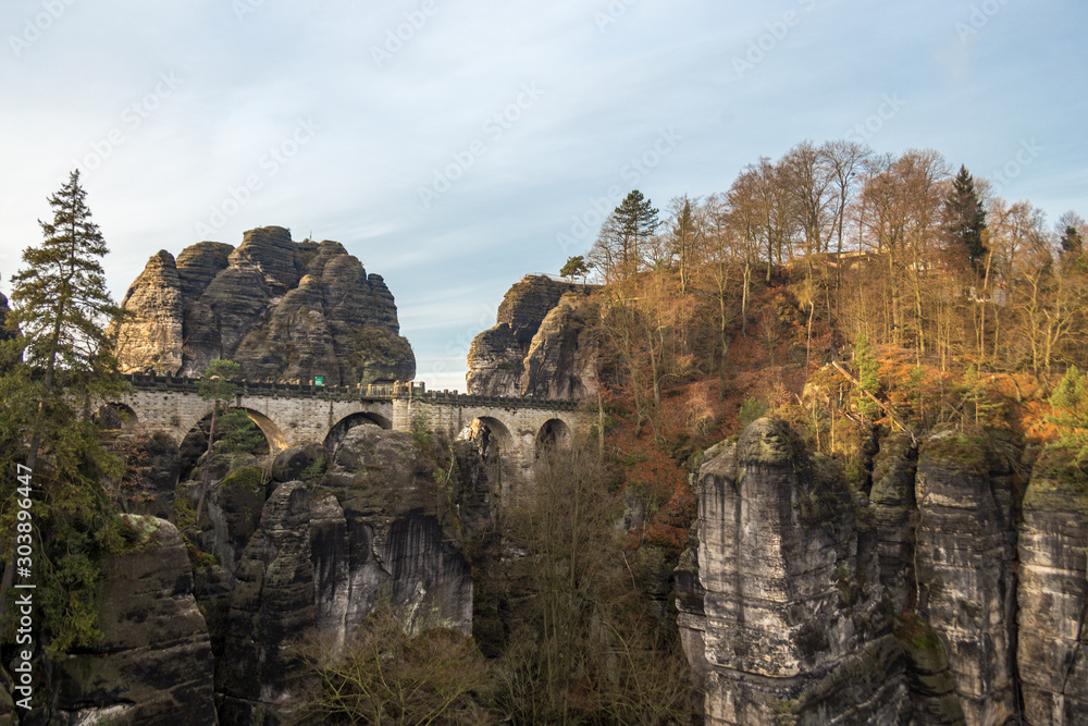 Panorama of Bastei rock formations, the bridge Bastei, Saxon Switzerland National park, Germany