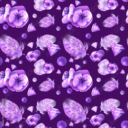 Watercolor seamless pattern with feathers and diamonds flowers.