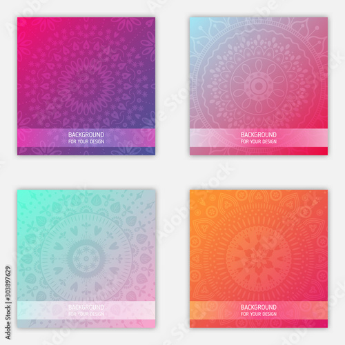Set of mandala ornament backgrounds. Trendy gradient colors stock illustration