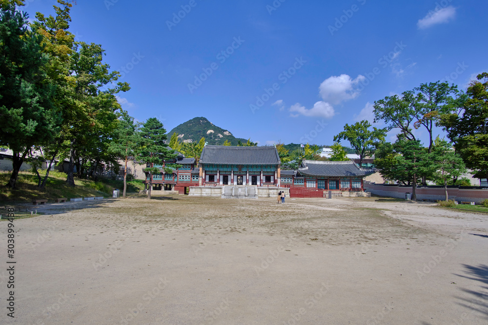 Scenic view of beautiful old buildings in palace in capital of Republic of Korea Seoul. Beautiful summer sunny look of constructions in asian style in largest city of South Korea.