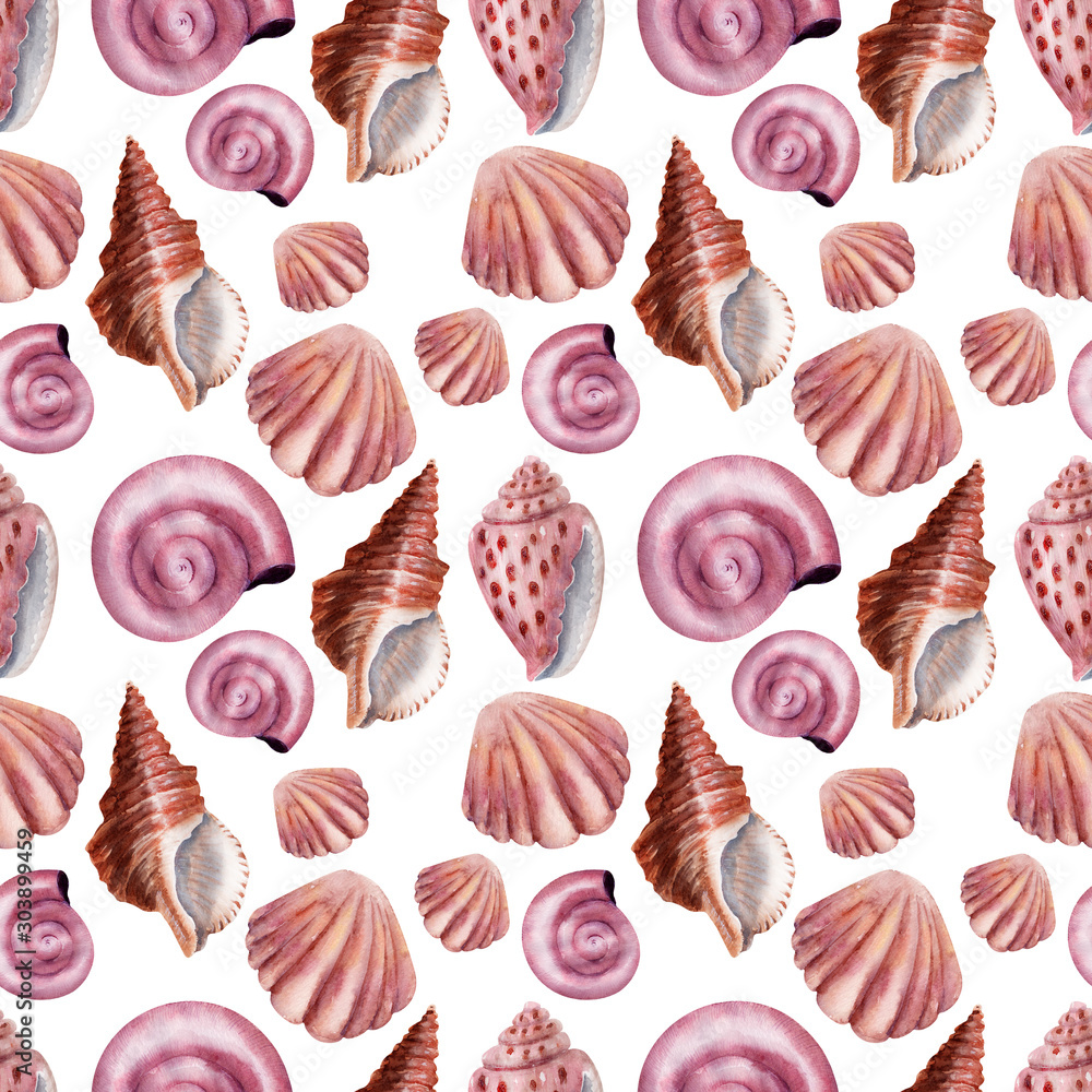 Watercolor seamless pattern Seashells. Pink shells Watercolor seamless pattern Seashells. Pink shells