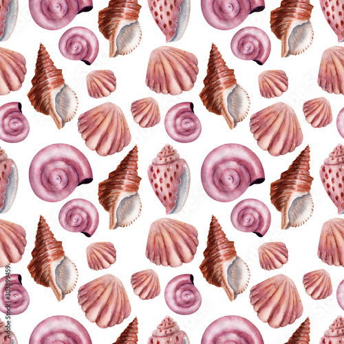 Watercolor seamless pattern Seashells. Pink shells