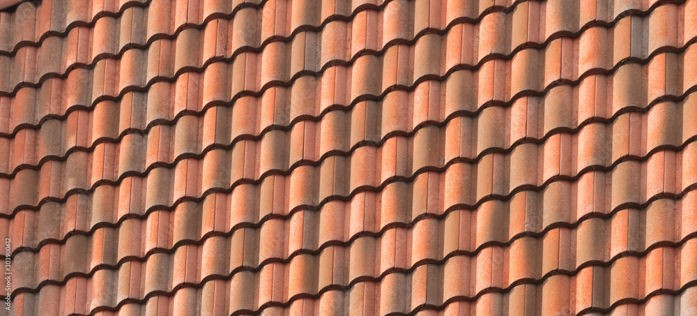 The texture of the tiles.  Corrugated tile element of roof. Diagonal pattern