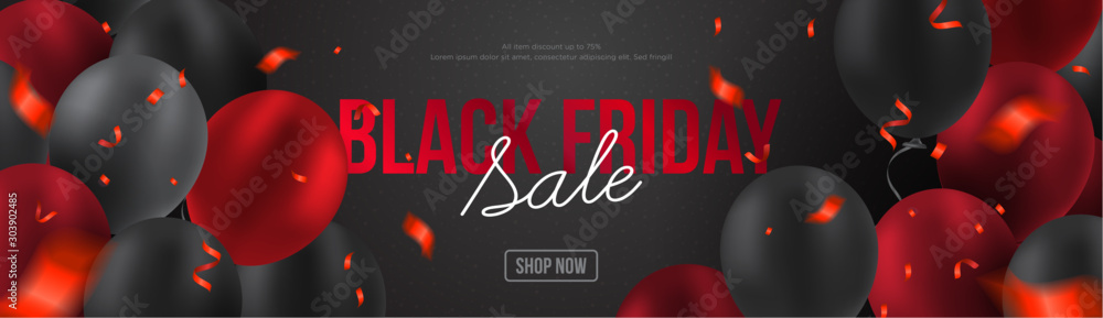 Φωτογραφία 3d realistic elegant Black friday sale promo wide background banner, balloon, bo