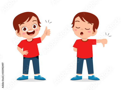 happy cute kid boy thumb up and down