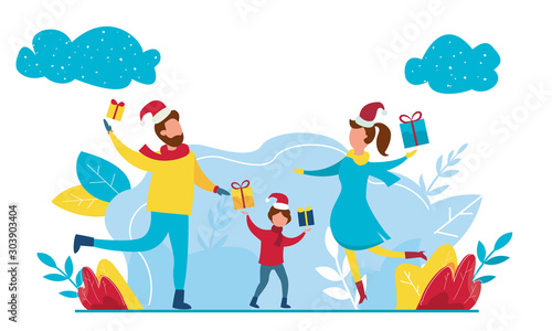 Modern vector illustration of preparing for the New Year. Decorating the Christmas tree  buying presents. Winter family holidays.