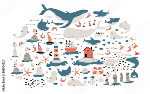 Big sea set. Childish illustration in simple hand-drawn Scandinavian style. Cute animals and fish. Whales, sharks, seagulls, etc. Lighthouse, Nordic house, ships.
