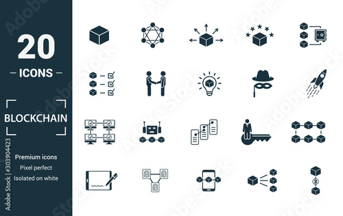 Blockchain icon set. Include creative elements block, distribution, confirmation, anonymity, protocol icons. Can be used for report, presentation, diagram, web design