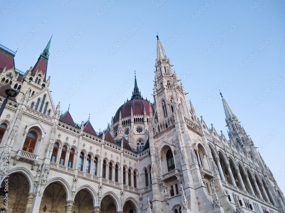 Budapest, Hungary- Sept. 6, 2018: Parliament building in Budapest, Hungary - a close up view at sunset.
